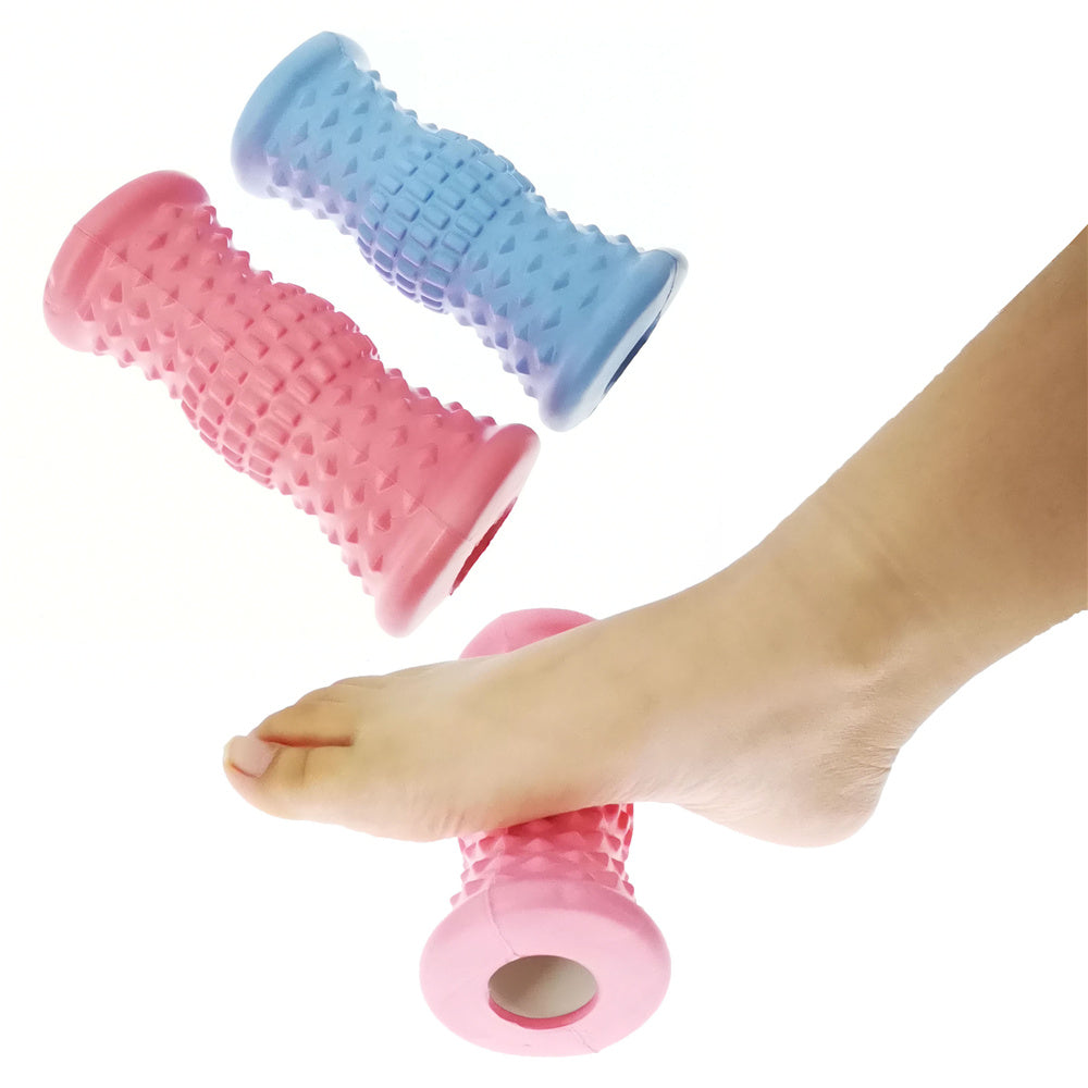 Pink and blue foot rollers being used on a foot against a white background